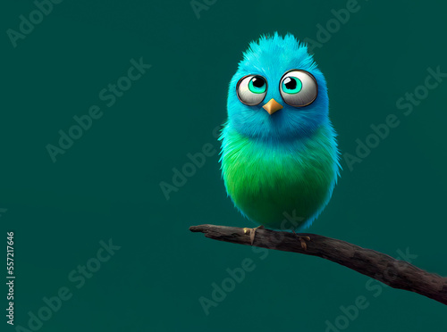 Cute fluffy blue and green cartoon bird with big eyes on a branch created with Generative AI technology