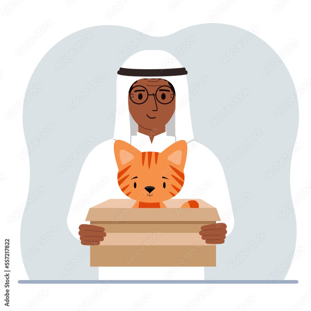 A man is holding a cardboard box with a beautiful ginger cat. The concept of rescue, help and care for pets.