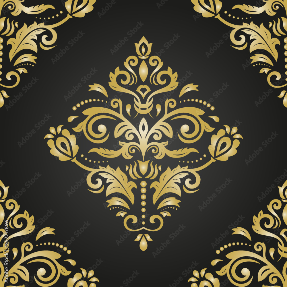 Classic seamless vector black and golden pattern. Damask orient ornament. Classic vintage background. Orient pattern for fabric, wallpapers and packaging Classic seamless vector black and golden pattern. Damask orient ornament. Classic vintage background. Orient pattern for fabric, wallpapers and packaging