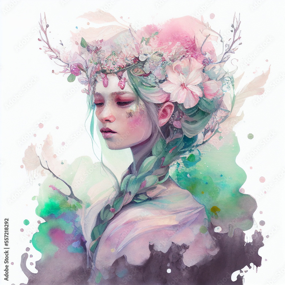 Queen of Spring. watercolor illustration girl with flowers in watercolor style