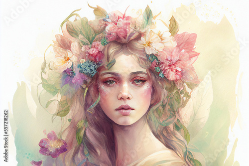 Queen of Spring. watercolor illustration girl with flowers in watercolor style photo