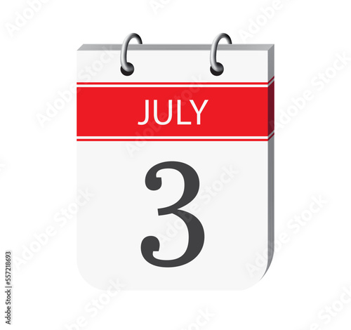 3 july calendar page vector. 3d one day calendar date appointment, deadline, event reminder illustration. Abstract three dimensional daily date calendar.
