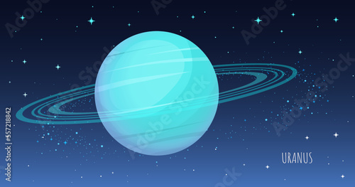 Uranus planet with Rings in outer space. Collection of Planets of solar system. Cartoon style vector illustration isolated on white background. Space galaxy background cartoon universe, cosmos dust