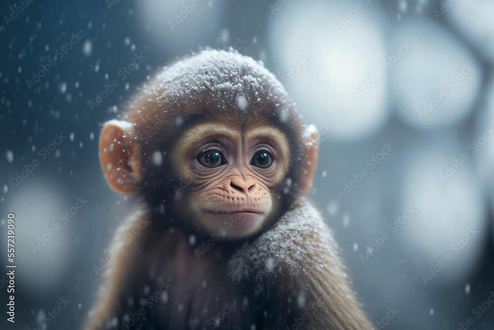 Süßer baby Affe im Schnee mit Bokeh und Schneeflocken im Hintergrund ...