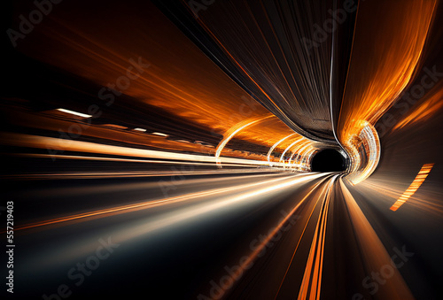 Speed Concept. High Speed Motion Blur. Fast Moving Stripe Lines with Glowing Light Flare. City's Tunnel. Neon Glowing Rays in Motion. Generative AI Art.