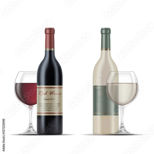 Red and White Wine Bottles and Wine Glasses
