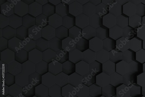 Background of abstract black 3d hexagon background design a dark honeycomb grid pattern.Abstract black honeycomb futuristic background.