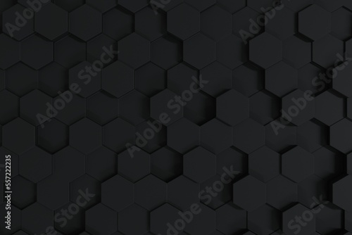 Abstract hexagon geometry background. 3d render of simple primitives with six angles in front. Dark lighting