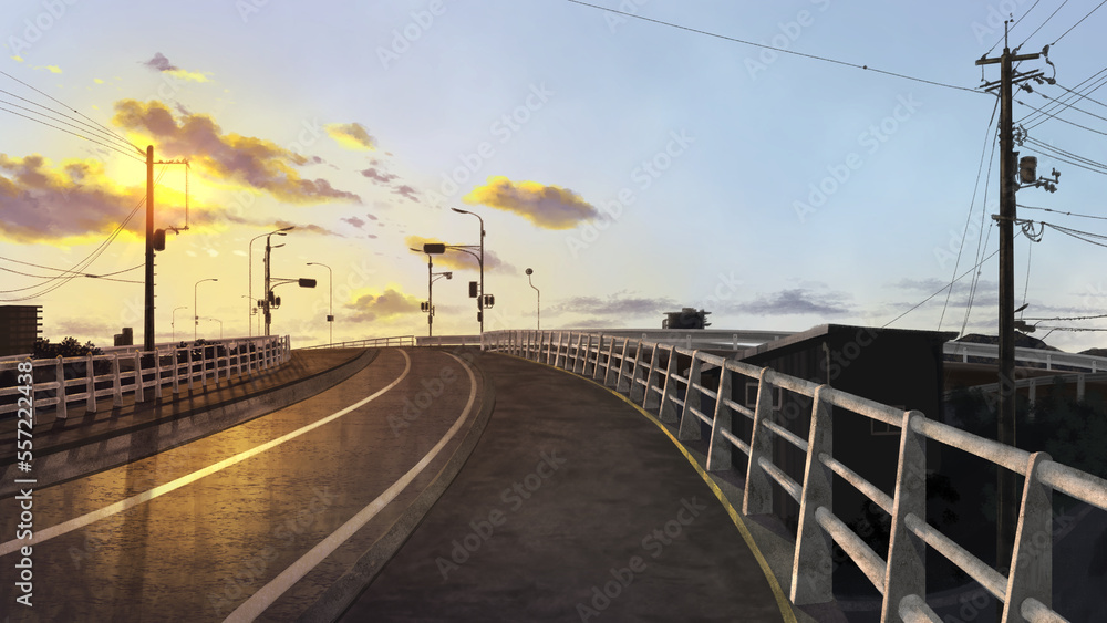 【背景イラスト】橋の上へ向かう道路