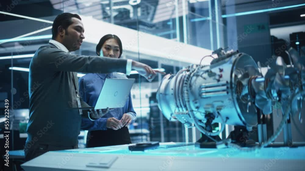 Professional Multiethnic Colleagues Work on Industrial Electric Turbine Motor in an Engineering Factory Workshop. Tech Facility with Machines, Computers and Research Equipment. Professional Multiethnic Colleagues Work on Industrial Electric Turbine Motor in an Engineering Factory Workshop. Tech Facility with Machines, Computers and Research Equipment.