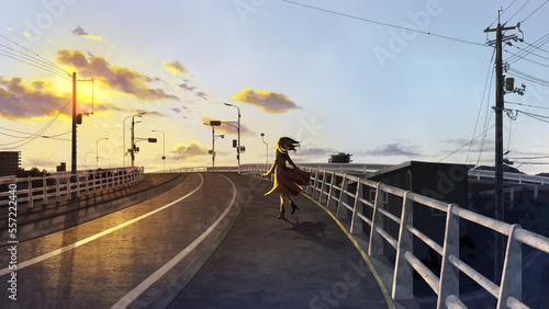【イラスト】橋の上へ向かう女性,夕焼け