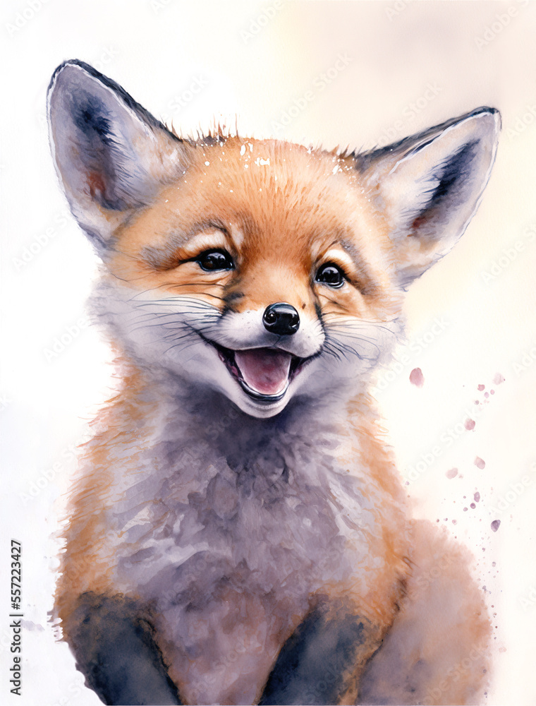 A watercolor painting of a happy red fox, Generative AI.