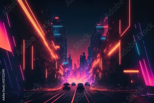 Futuristic concrete and neon metropolis that exists only in the mind. Lighting up the city at night. Abstraction of a street at night illuminated by neon lights. Generative AI photo