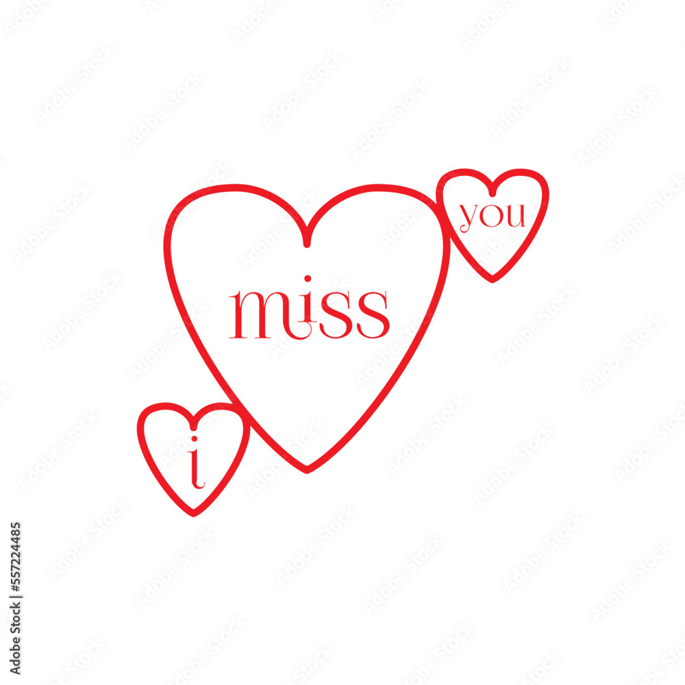 An Vector illustration red i miss you text with heart shapes isolated on white background