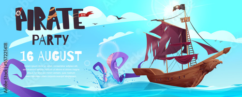Pirates party invitation poster. Sailing pirate ship with black flags in the sea. Cartoon vector illustration.