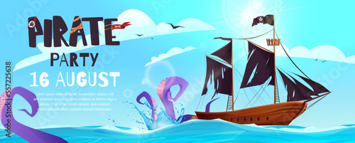 Pirates party invitation poster. Sailing pirate ship with black flags in the sea. Cartoon vector illustration.