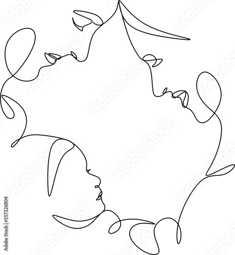 Happy family in continuous line art drawing style. United family portrait of parents and their little girl kid black linear sketch isolated on white background. Vector illustration
