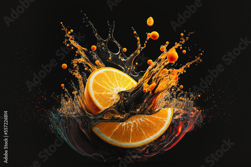 Fresh juicy orange slices closeup on black background, Generative AI © Magdalena Wojaczek