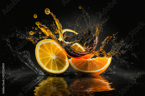 Fresh juicy orange slices closeup on black background, Generative AI photo