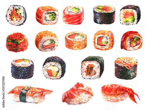 Watercolor hand drawn set of sushi and rolls, isolated on white background.