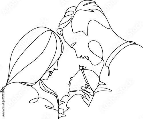 Happy family in continuous line art drawing style. United family portrait of parents and their little girl kid black linear sketch isolated on white background. Vector illustration