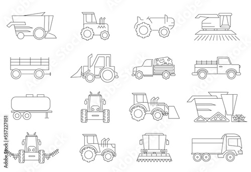 Farming and agriculture related vector icons. Agricultural machines icons set. Outline set of agricultural machines vector icons for web design isolated on white background. 