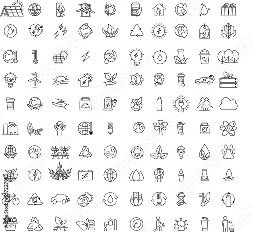 Ecology vector icons set.100 line icons Nature icon. Eco green icons. Vector Ecology and Green Energy Power Line. Big set eco icons 