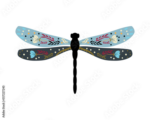 Colorful dragonfly with floral ornament.