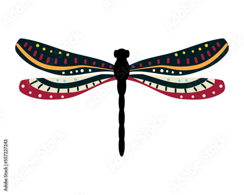 Colorful dragonfly with floral ornament.