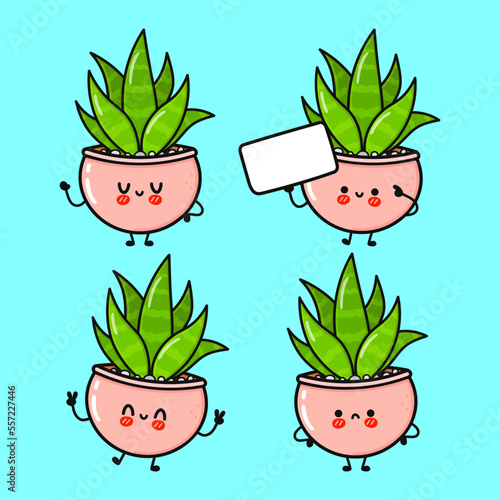 Funny cute happy indoor plant characters bundle set. Vector hand drawn doodle style cartoon character illustration icon design. Isolated on blue background. Indoor plant mascot character collection