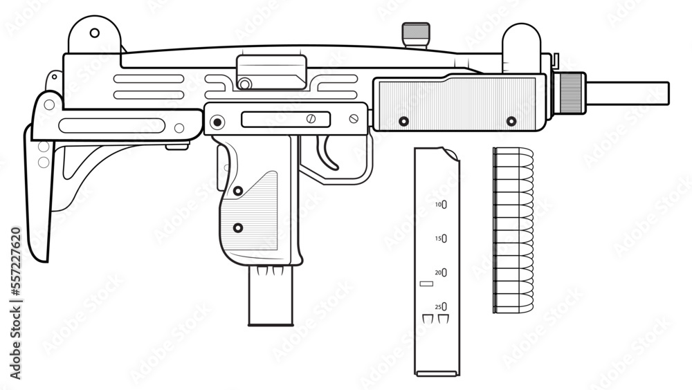 Vector illustration of the UZI israel machine gun with folded stock and equipment such as a magazine and cartridges on the white background. Right side. Vector illustration of the UZI israel machine gun with folded stock and equipment such as a magazine and cartridges on the white background. Right side.