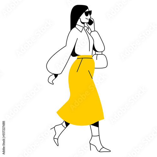 vector flat design trendy linear illustration beautiful stylish woman in long midi skirt. street style, fashion. useful for web, graphic design, print, clothing stores, postcard, poster. 2d people.