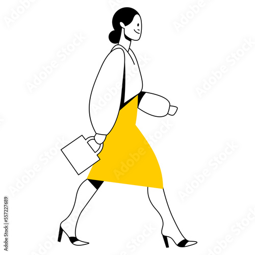 vector flat design trendy linear illustration beautiful stylish woman in long midi skirt. street style, fashion. useful for web, graphic design, print, clothing stores, postcard, poster. 2d people.
