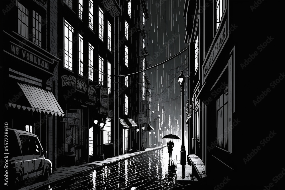 rainy city street with buildings and a person walking in the night with ...