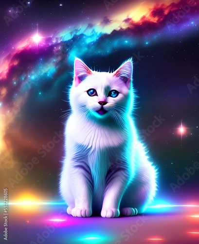 White cat in space, blue galaxy background 