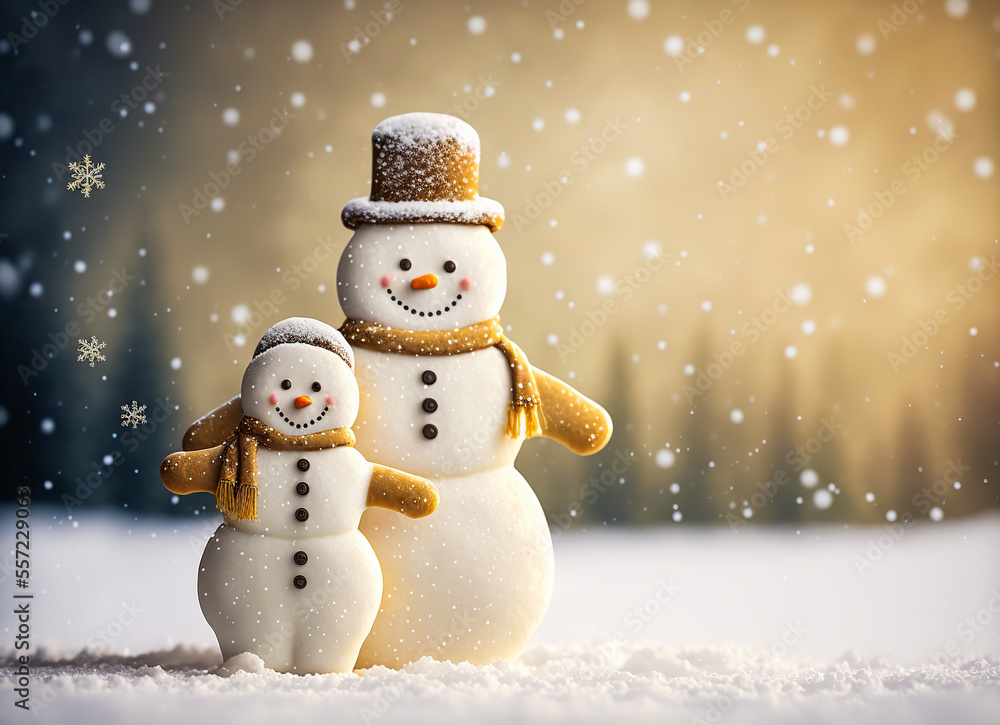 Beautiful white snowman on a blurred Christmas background and bokeh light, ideal for a creative and captivating banner on the theme of Christmas and December.
