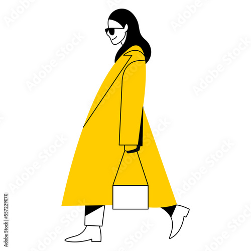 vector flat design linear image stylish woman in autumn or winter warm clothes walking down the street. street style, fashion. isolated on white background. useful for web, graphic design, print