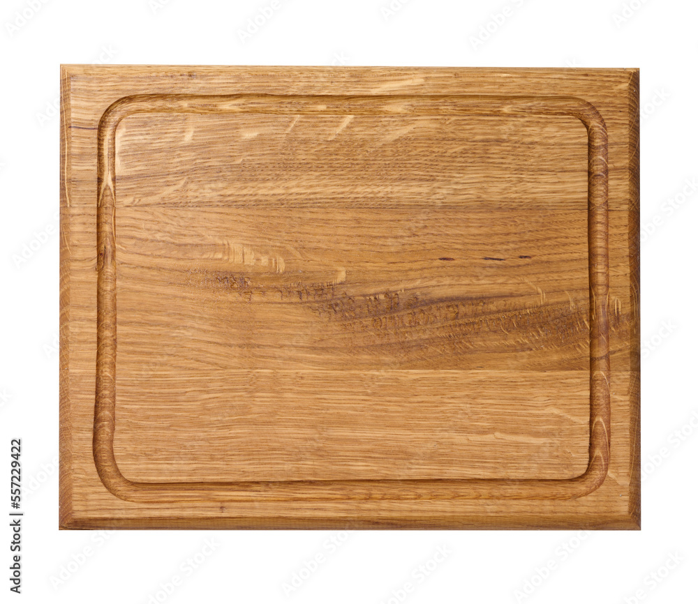 Empty rectangular wooden oak kitchen cutting board. White background