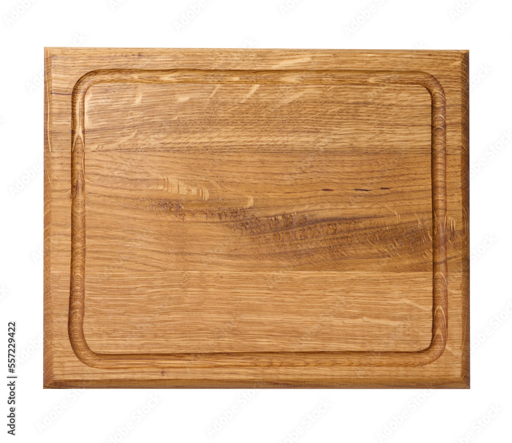 Empty rectangular wooden oak kitchen cutting board. White background Empty rectangular wooden oak kitchen cutting board. White background