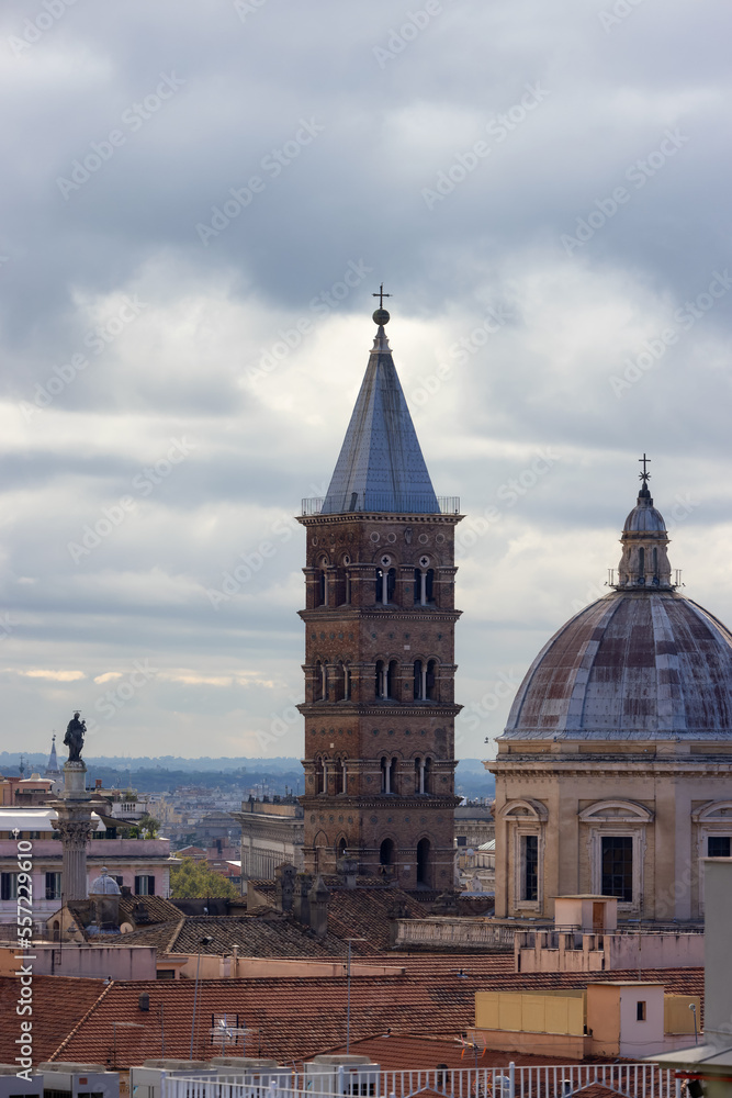 Old Historic Catholic Church in City of Rome, Italy. Aerial View. Cloudy Sky