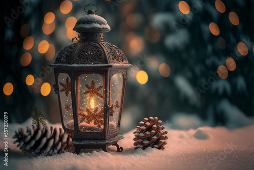 Warm, reassuring light illuminates the winter scene, with pine cones and snowflakes finishing off the horizontal format. Ample space for text. © XaMaps