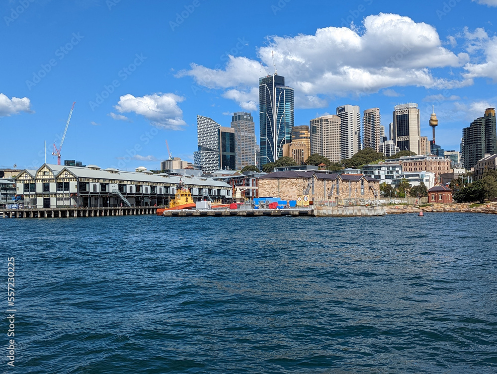 The historic docks at Walsh Bay with the skyscrapers of Sydney, Australia, in the background.