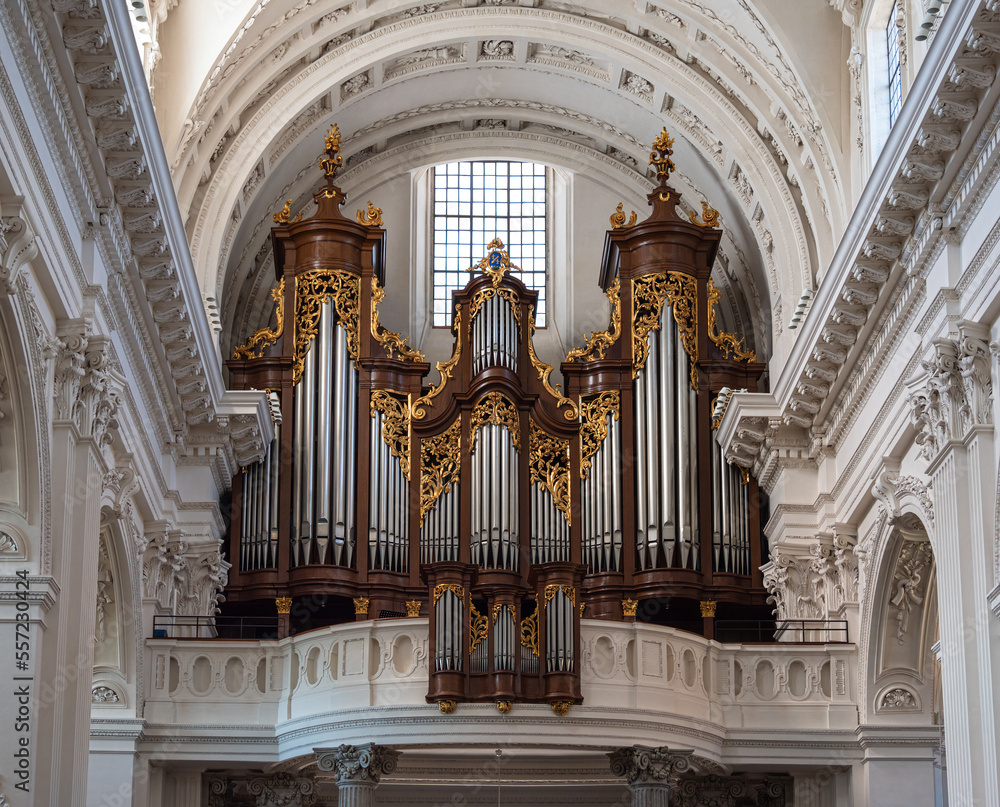 Solothurn, Switzerland - July12, 2022: Baroque Organ in the church of Saint Urs and Viktor, the cathedral of the Roman Catholic Diocese of Basel in the city of Solothurn, Switzerland.