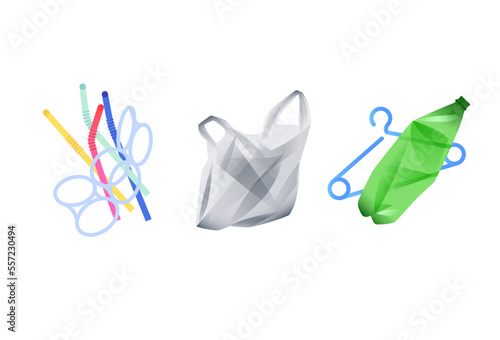 Common plastic waste items. Disposable bag, fork and spoon, water bottle, drinking straws. Vector illustration, realistic style, isolated on white. Pollution problem, environment protection concept