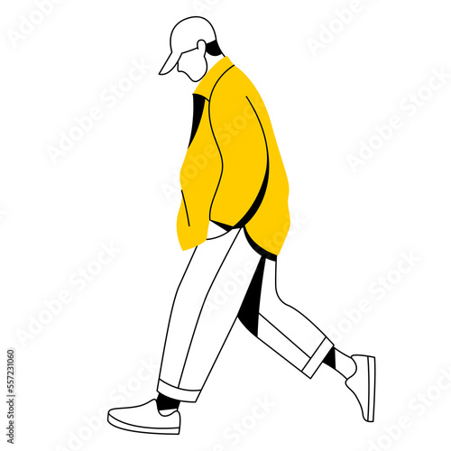 vector flat design trendy linear image stylish modern man, guy, boy, student, teenager walking down the street. street style. useful for web, graphic design, print, card, poster, flyer. 2d people.