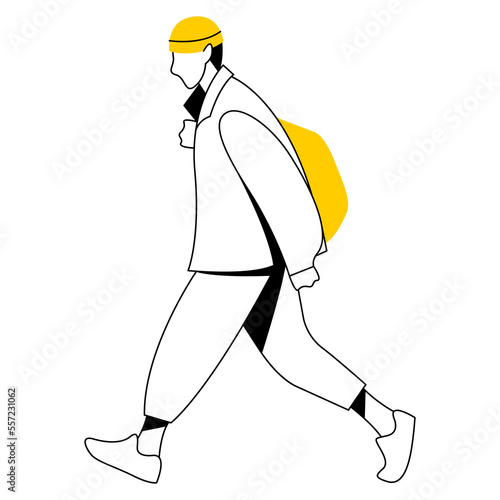 vector flat design trendy linear image stylish modern man, guy, boy, student, teenager walking down the street. street style. useful for web, graphic design, print, card, poster, flyer. 2d people.