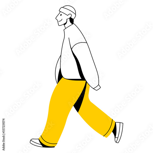 vector flat design trendy linear image stylish modern man, guy, boy, student, teenager walking down the street. street style. useful for web, graphic design, print, card, poster, flyer. 2d people.