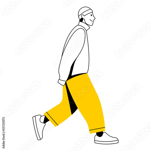 vector flat design trendy linear image stylish modern man, guy, boy, student, teenager walking down the street. street style. useful for web, graphic design, print, card, poster, flyer. 2d people.
