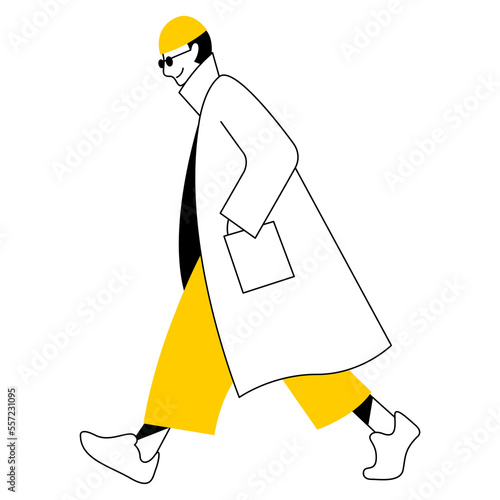 vector flat design trendy linear image stylish modern man, guy, boy, student, teenager walking down the street. street style. useful for web, graphic design, print, card, poster, flyer. 2d people.