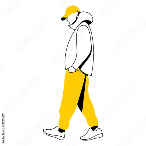 vector flat design trendy linear image stylish modern man, guy, boy, student, teenager walking down the street. street style. useful for web, graphic design, print, card, poster, flyer. 2d people.